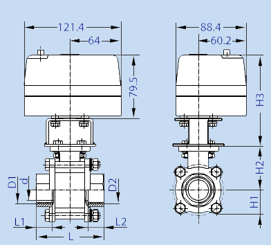 KLD 400 2-way 3-piece motorized valve (metal,1/2